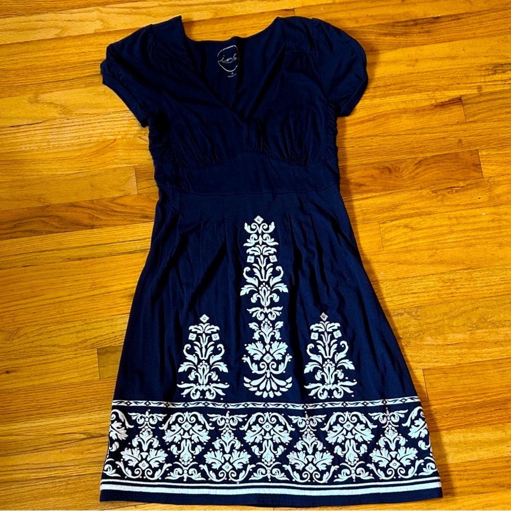 Elegant Navy Blue Dress with White Embroidery , gently worn
